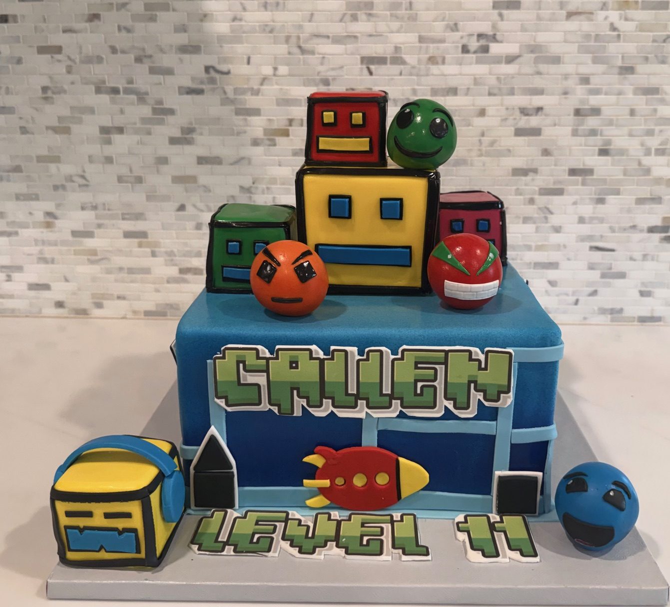 Geometry Dash video game birthday cake
